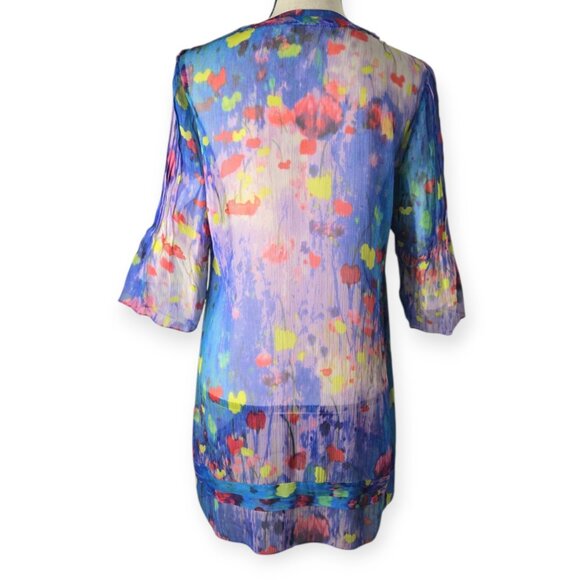 Elie Tahari "Jillie" Blue Lagoon Watercolor Pure Silk Pleated Tunic S NWT - Picture 4 of 13